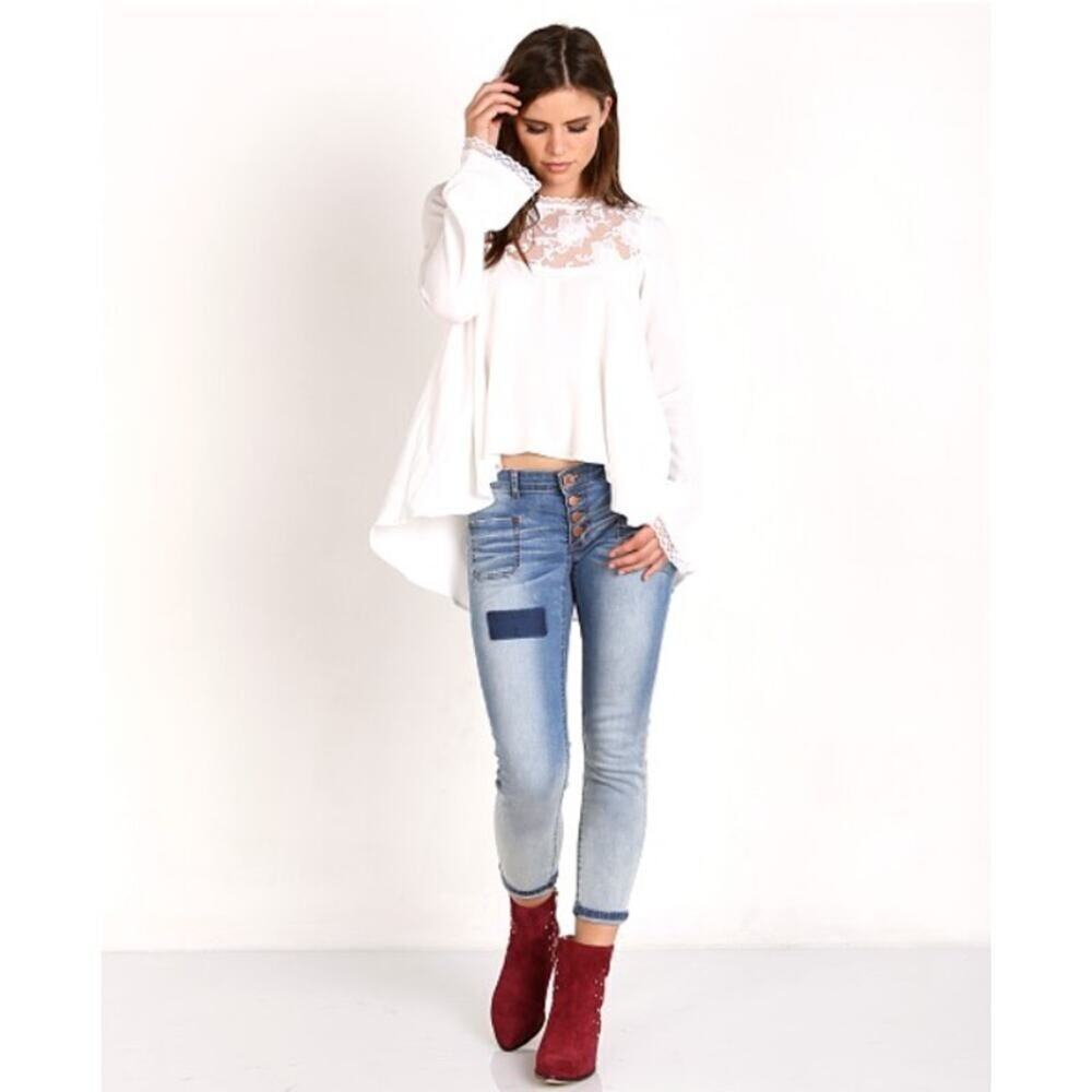 For Love & Lemons Ellery Blouse Women's Medium White Lace Long Sleeves Tunic